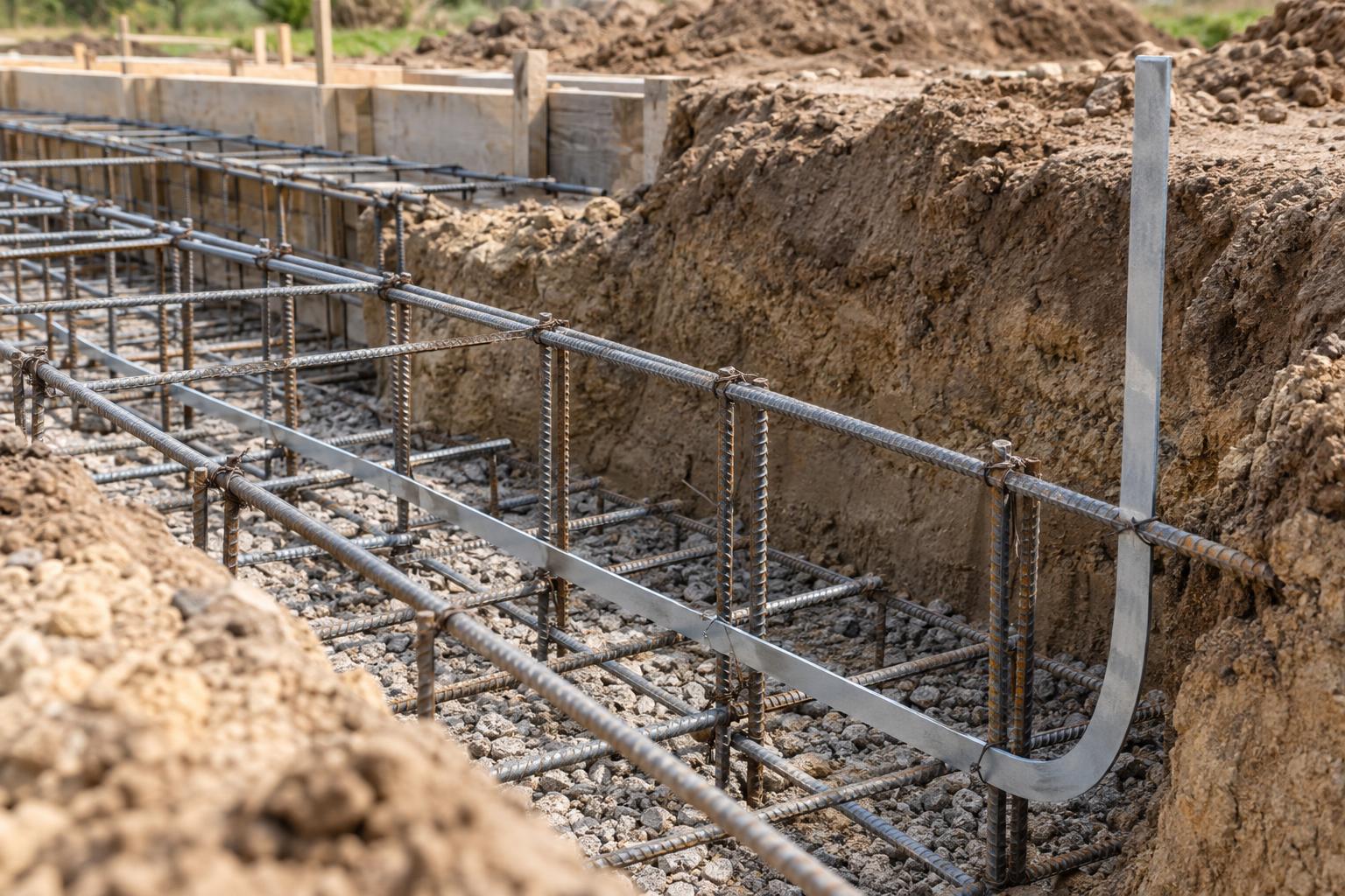 Bednarka ułożona wzdłuż zbrojenia w otwartym wykopie fundamentowym, z końcem wyprowadzonym ku górze.